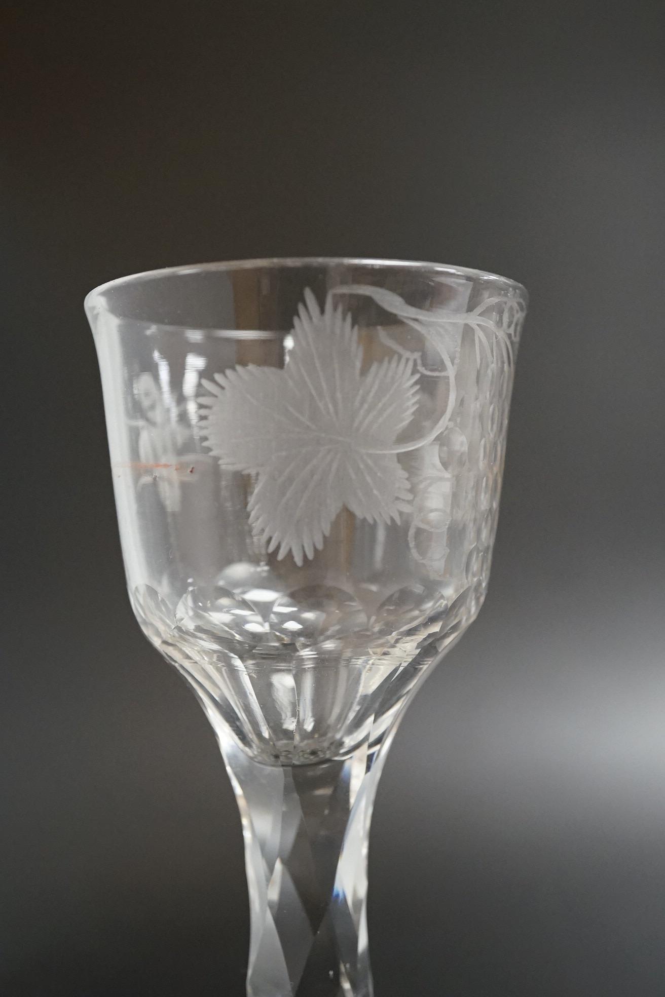 Two faceted wine glasses, c.1780, both with engraved bowls, tallest 15.5cm